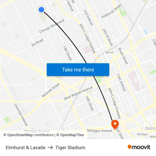 Elmhurst & Lasalle to Tiger Stadium map