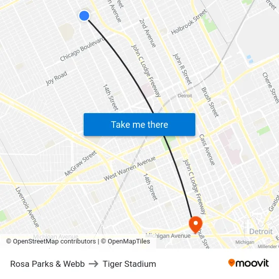 Rosa Parks & Webb to Tiger Stadium map