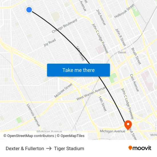 Dexter & Fullerton to Tiger Stadium map