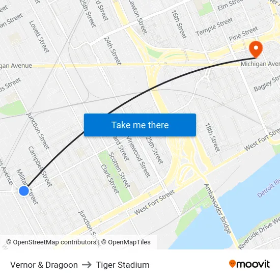 Vernor & Dragoon to Tiger Stadium map