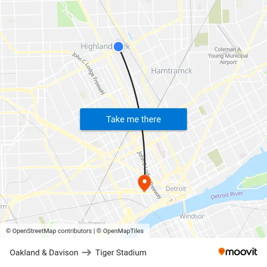 Oakland & Davison to Tiger Stadium map
