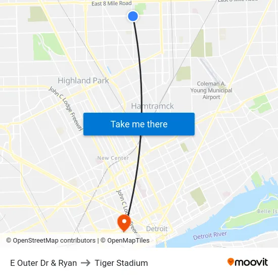 E Outer Dr & Ryan to Tiger Stadium map