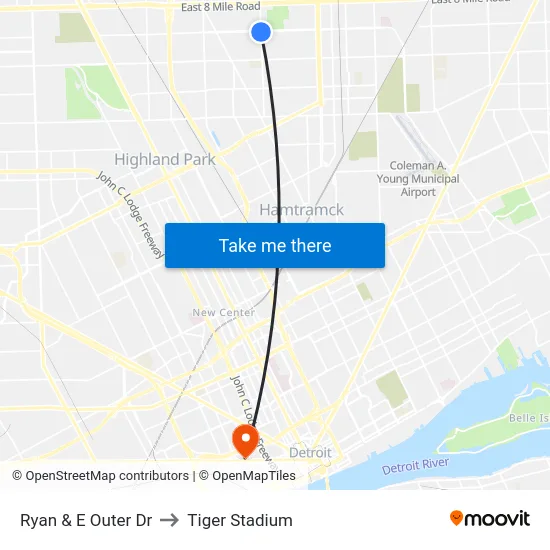 Ryan & E Outer Dr to Tiger Stadium map