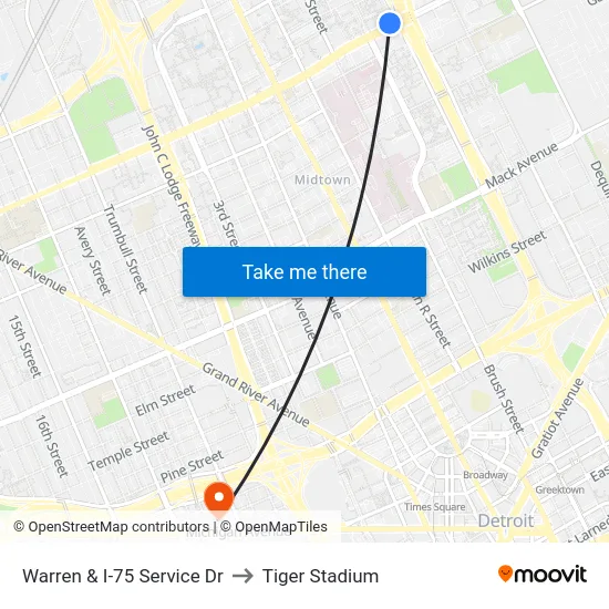 Warren & I-75 Service Dr to Tiger Stadium map