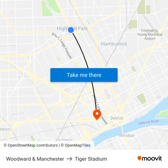 Woodward & Manchester to Tiger Stadium map
