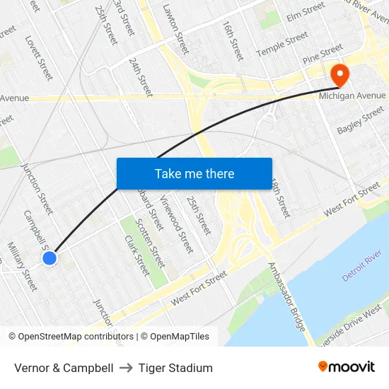 Vernor & Campbell to Tiger Stadium map