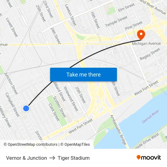 Vernor & Junction to Tiger Stadium map