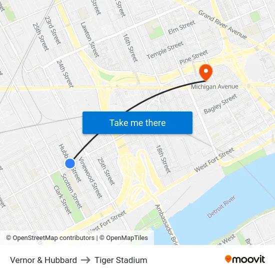 Vernor & Hubbard to Tiger Stadium map