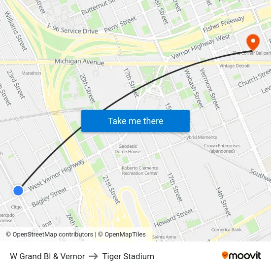 W Grand Bl & Vernor to Tiger Stadium map