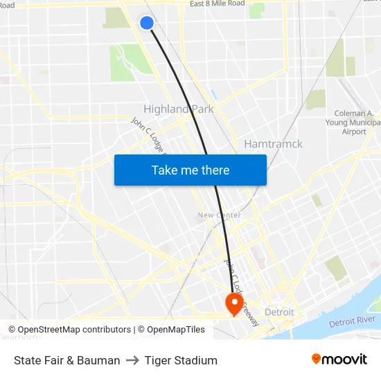 State Fair & Bauman to Tiger Stadium map