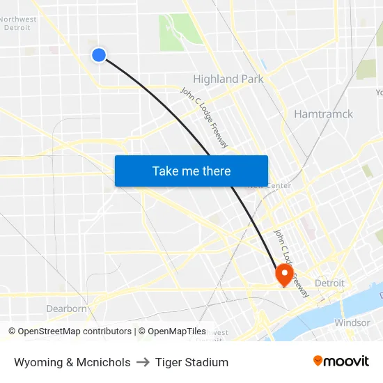 Wyoming & Mcnichols to Tiger Stadium map