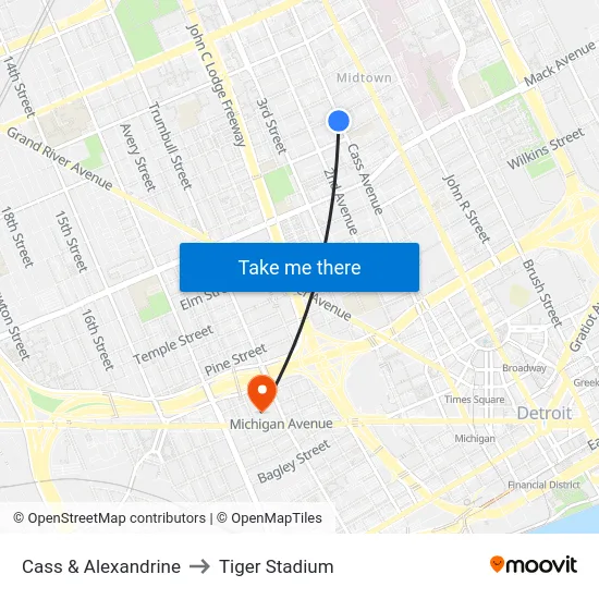 Cass & Alexandrine to Tiger Stadium map