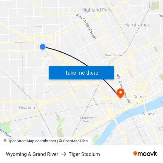 Wyoming & Grand River to Tiger Stadium map