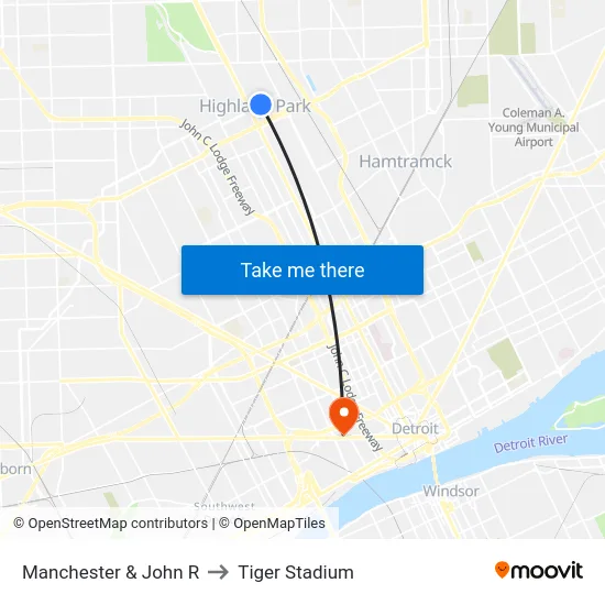Manchester & John R to Tiger Stadium map