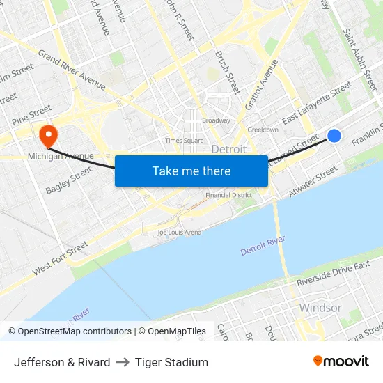 Jefferson & Rivard to Tiger Stadium map
