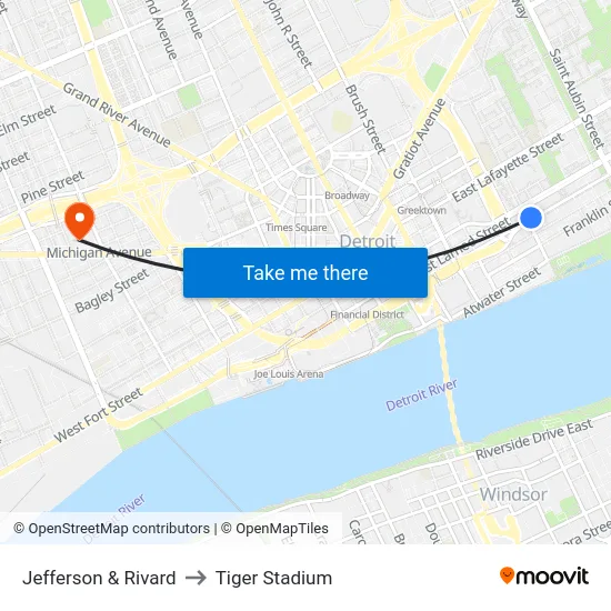 Jefferson & Rivard to Tiger Stadium map