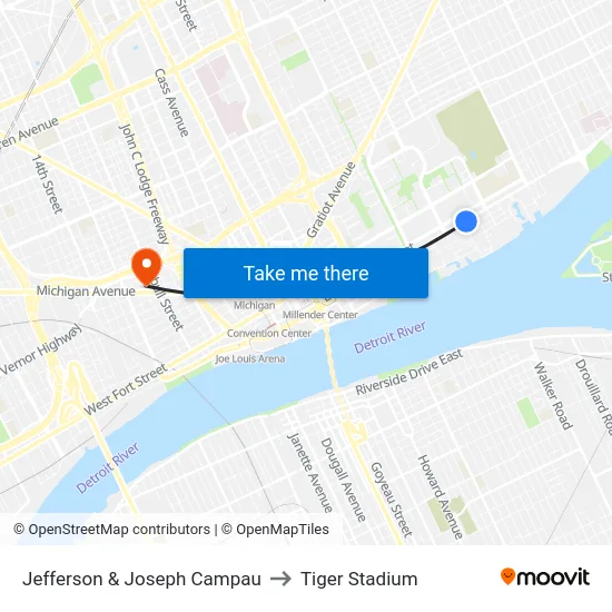 Jefferson & Joseph Campau to Tiger Stadium map