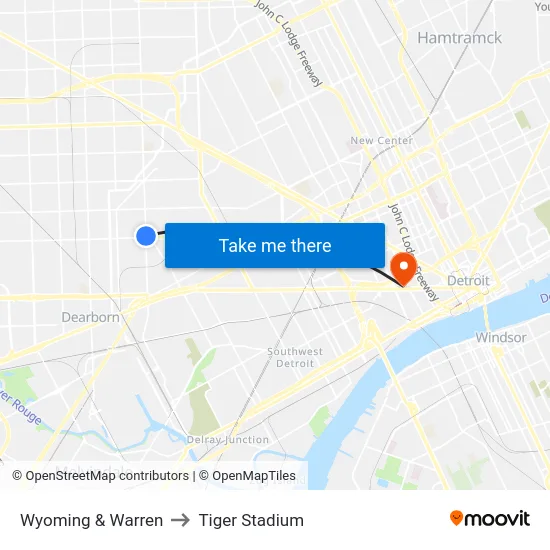Wyoming & Warren to Tiger Stadium map