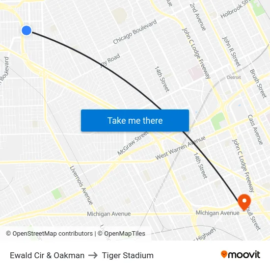 Ewald Cir & Oakman to Tiger Stadium map
