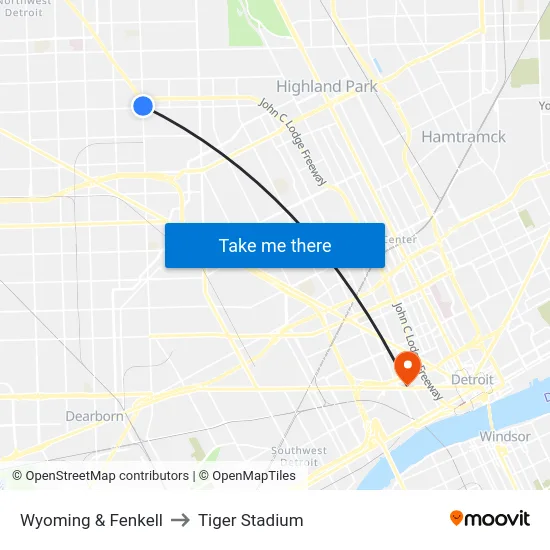 Wyoming & Fenkell to Tiger Stadium map
