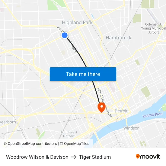 Woodrow Wilson & Davison to Tiger Stadium map