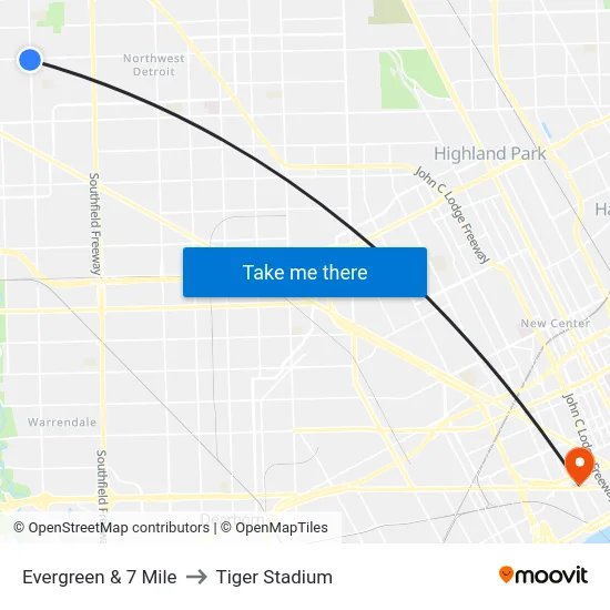 Evergreen & 7 Mile to Tiger Stadium map