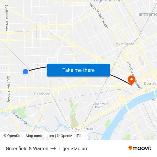 Greenfield & Warren to Tiger Stadium map