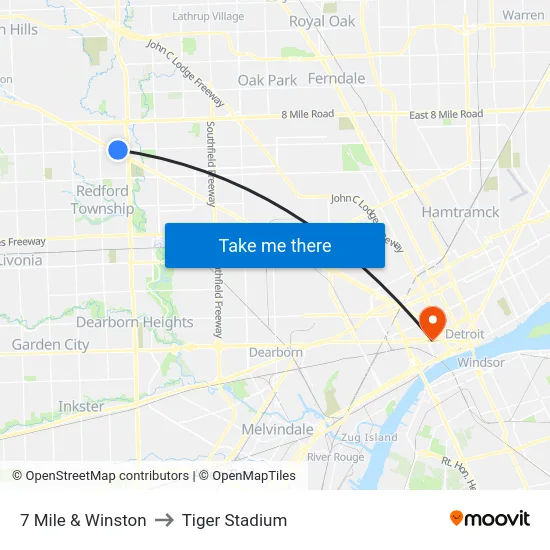 7 Mile & Winston to Tiger Stadium map