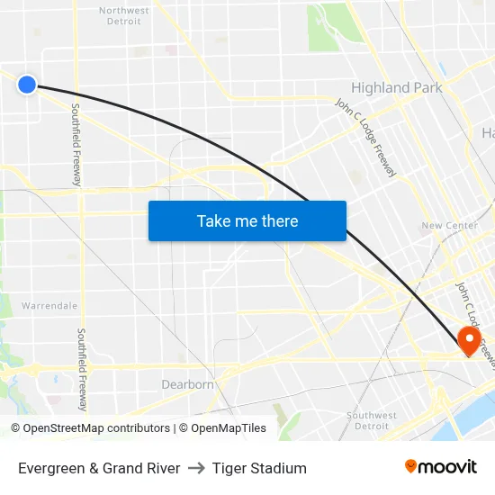 Evergreen & Grand River to Tiger Stadium map