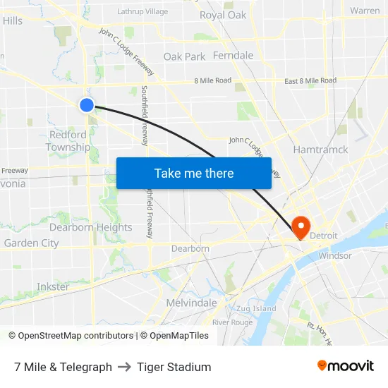 7 Mile & Telegraph to Tiger Stadium map