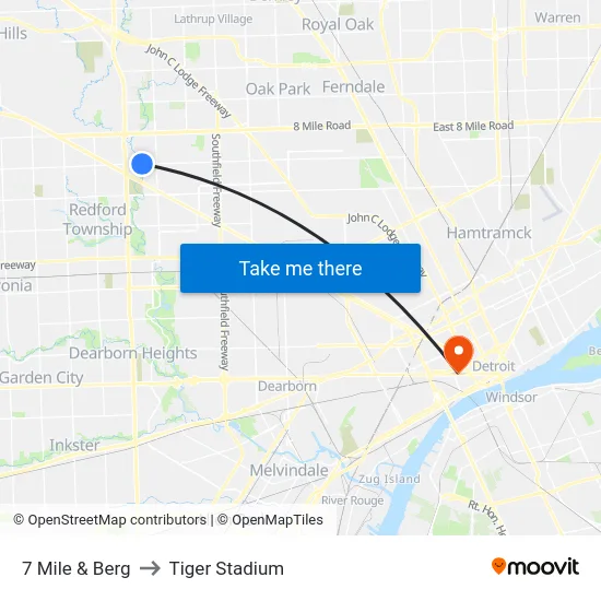 7 Mile & Berg to Tiger Stadium map