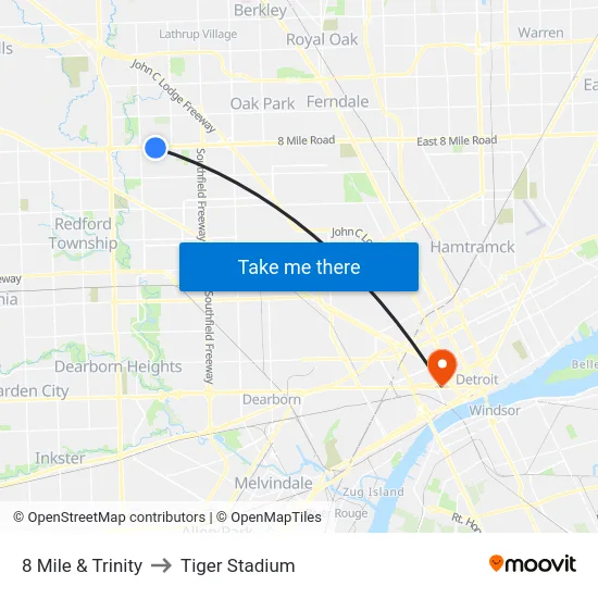 8 Mile & Trinity to Tiger Stadium map
