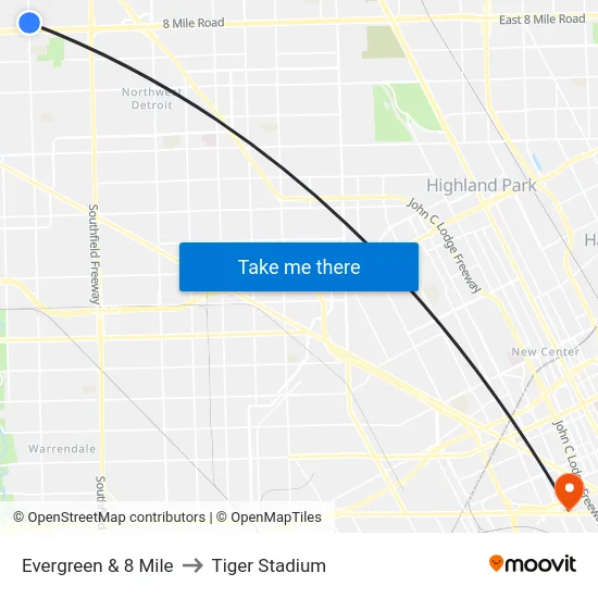 Evergreen & 8 Mile to Tiger Stadium map