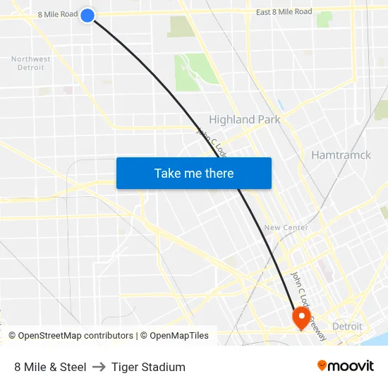 8 Mile & Steel to Tiger Stadium map
