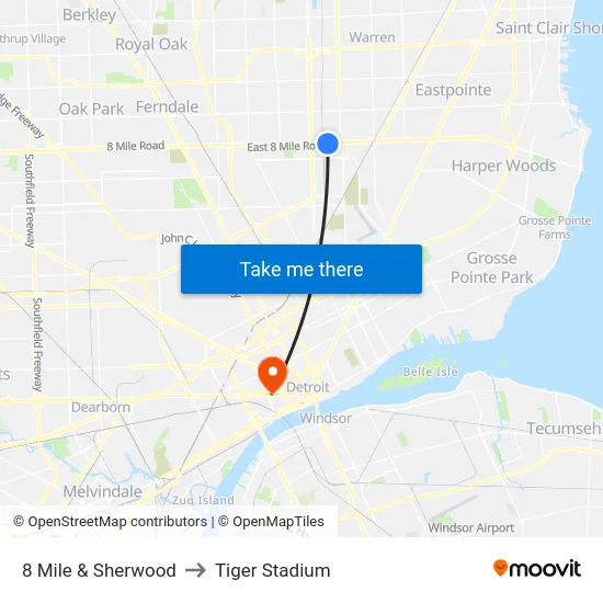 8 Mile & Sherwood to Tiger Stadium map