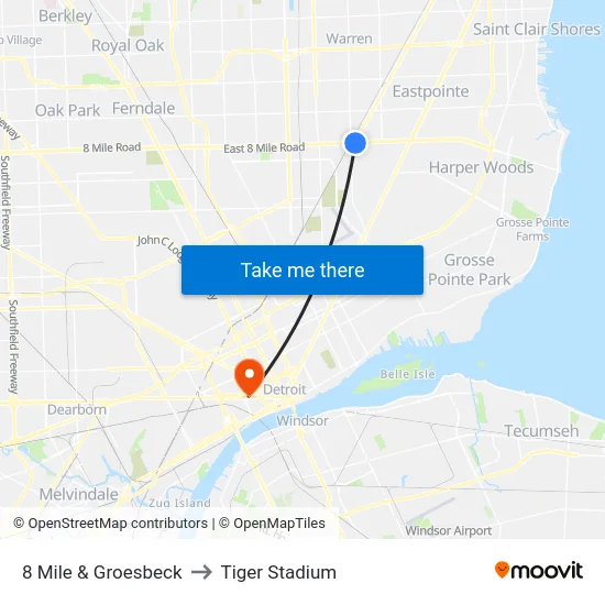 8 Mile & Groesbeck to Tiger Stadium map