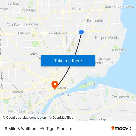 8 Mile & Waltham to Tiger Stadium map