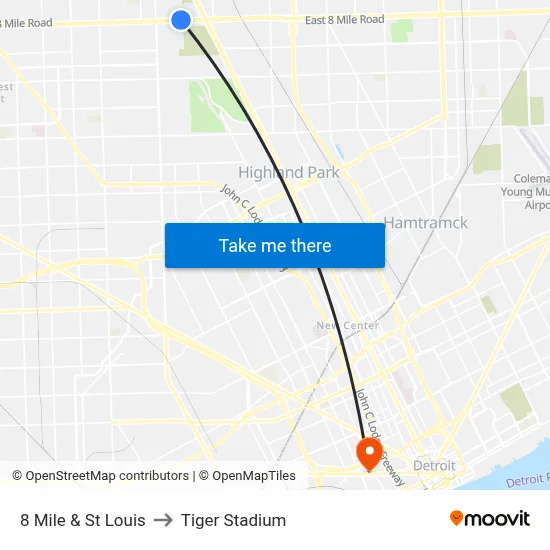 8 Mile & St Louis to Tiger Stadium map