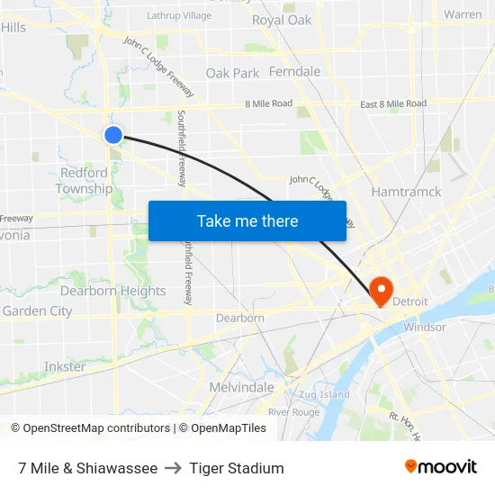 7 Mile & Shiawassee to Tiger Stadium map