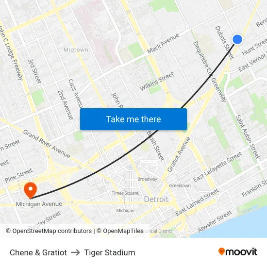 Chene & Gratiot to Tiger Stadium map