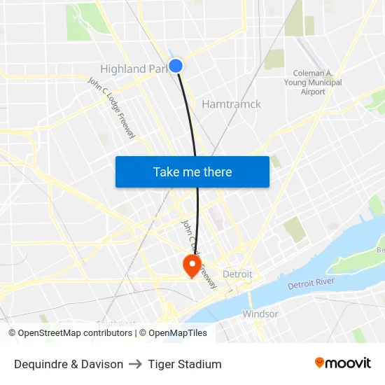 Dequindre & Davison to Tiger Stadium map