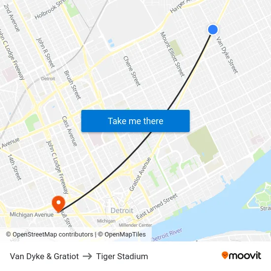 Van Dyke & Gratiot to Tiger Stadium map