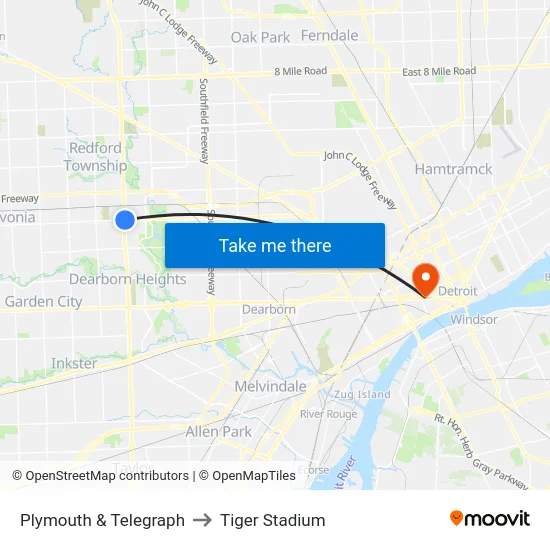Plymouth & Telegraph to Tiger Stadium map
