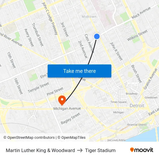 Martin Luther King & Woodward to Tiger Stadium map