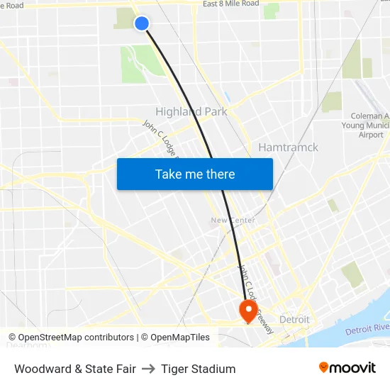 Woodward & State Fair to Tiger Stadium map