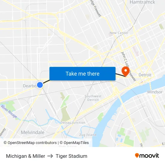 Michigan & Miller to Tiger Stadium map