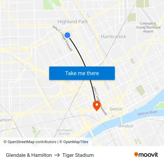 Glendale & Hamilton to Tiger Stadium map