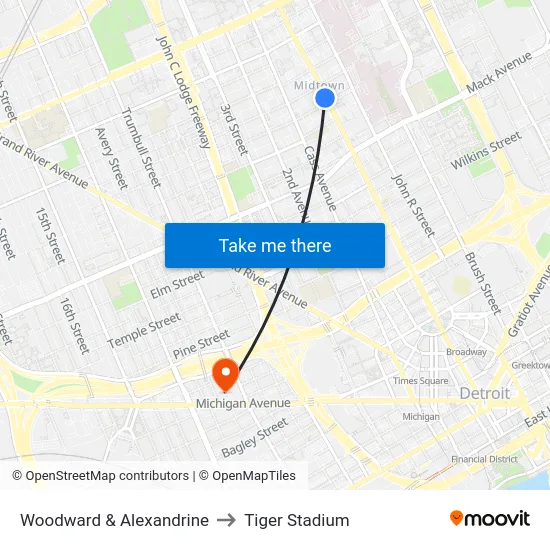 Woodward & Alexandrine to Tiger Stadium map