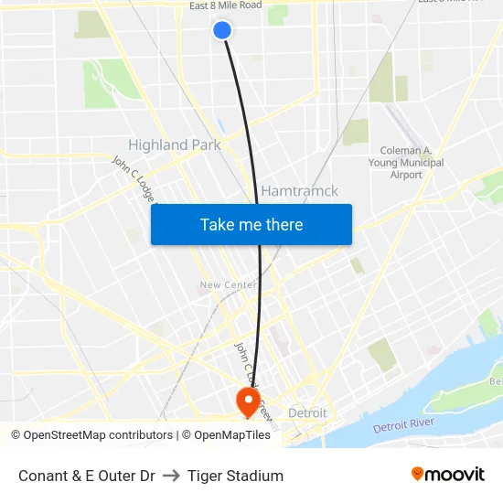 Conant & E Outer Dr to Tiger Stadium map
