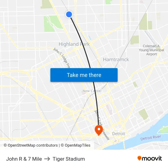 John R & 7 Mile to Tiger Stadium map